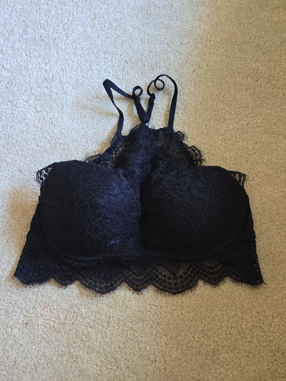 PINK Victoria's Secret Black Lace High-Neck Push-Up Bralette
